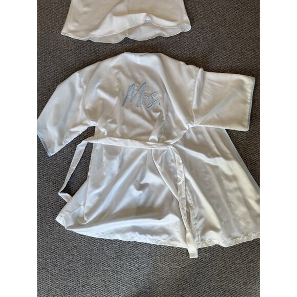 Lilac + London Bridal Satin Chemise & Robe Set XS “Mrs.” White Blue Lace Wedding - Picture 1 of 11